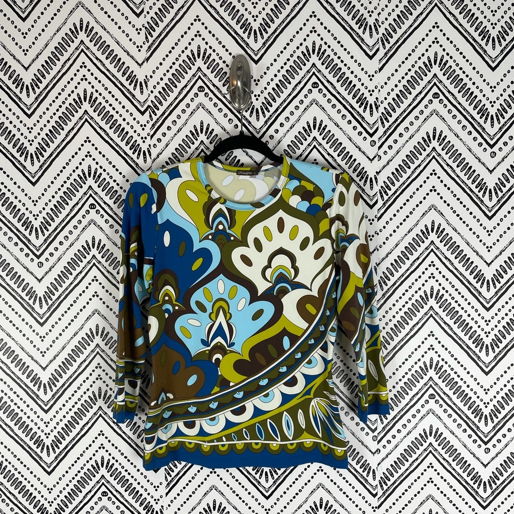 Women J. McLaughlin Green Blue Cream Paisley Catalina 3/4 Sleeve Top Sz S